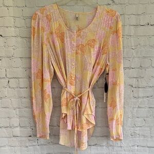 Amuse Society Floral Tie-Waist Blouse in Pastel Yellow & Pink NWT